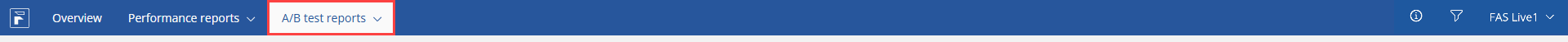 Top navigation bar in Insights showing the “A/B test reports” menu highlighted, located between “Performance reports” and user/environment controls on the right.